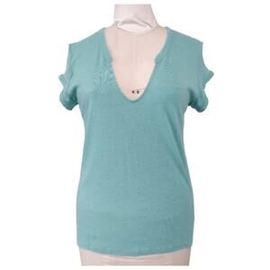 Free People Sculpted V-neck Cap Sleeve T-shirt Size L Turquoise Knit Casual Top